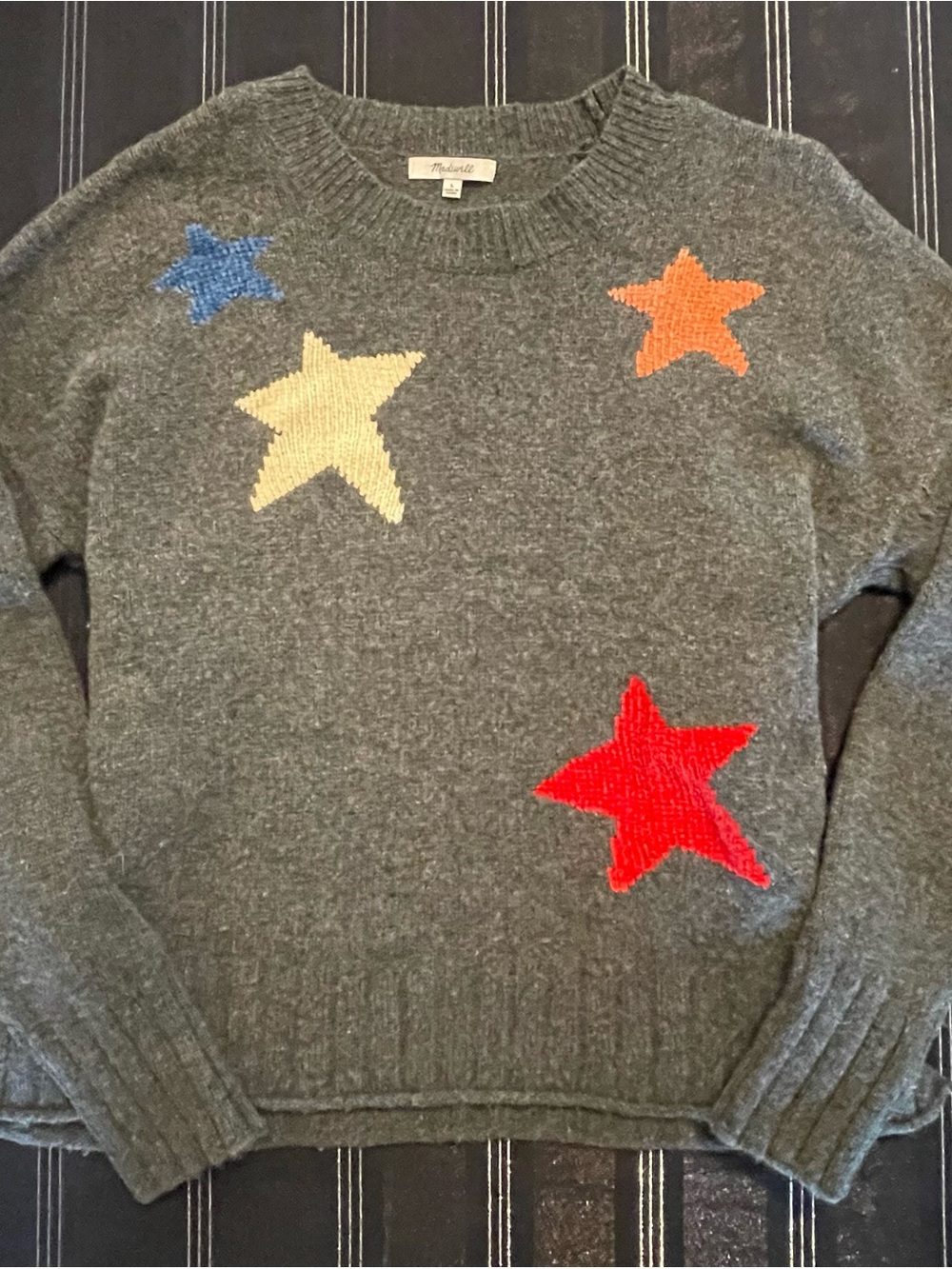 Madewell Gray Crewneck Sweater with Multicolor Star Motifs